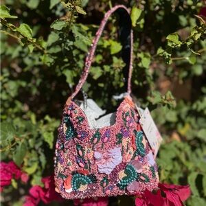 NWT Made in India Beaded Embellished Multicolor Floral Bucket Shoulder Bag